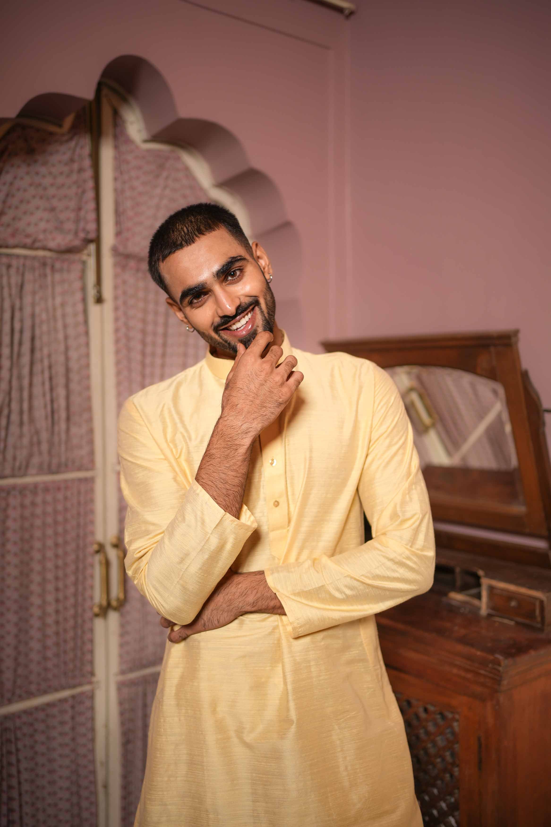 Light Yellow Viscose Blended Solid Kurta
